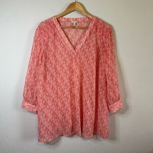 Talbots Coral Pink Sheer Popover Blouse Split Neck 3/4 Sleeve Ikat Pattern Top